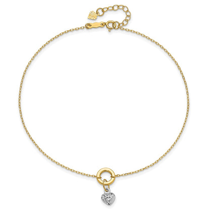 14K Two-Tone Circle with Diamond Cut Puff Heart 9in Plus 1in Ext Anklet