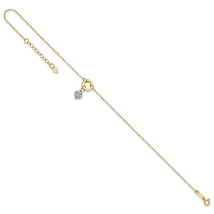 14K Two-Tone Circle with Diamond Cut Puff Heart 9in Plus 1in Ext Anklet
