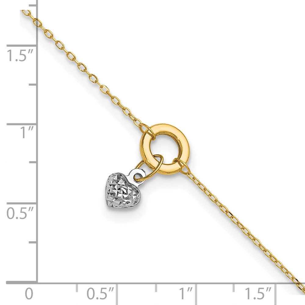 14K Two-Tone Circle with Diamond Cut Puff Heart 9in Plus 1in Ext Anklet
