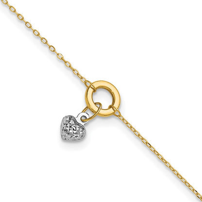 14K Two-Tone Circle with Diamond Cut Puff Heart 9in Plus 1in Ext Anklet