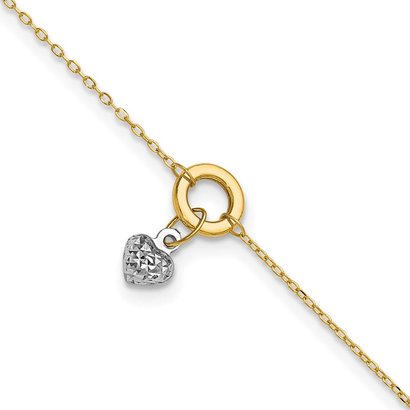 14K Two-Tone Circle with Diamond Cut Puff Heart 9in Plus 1in Ext Anklet