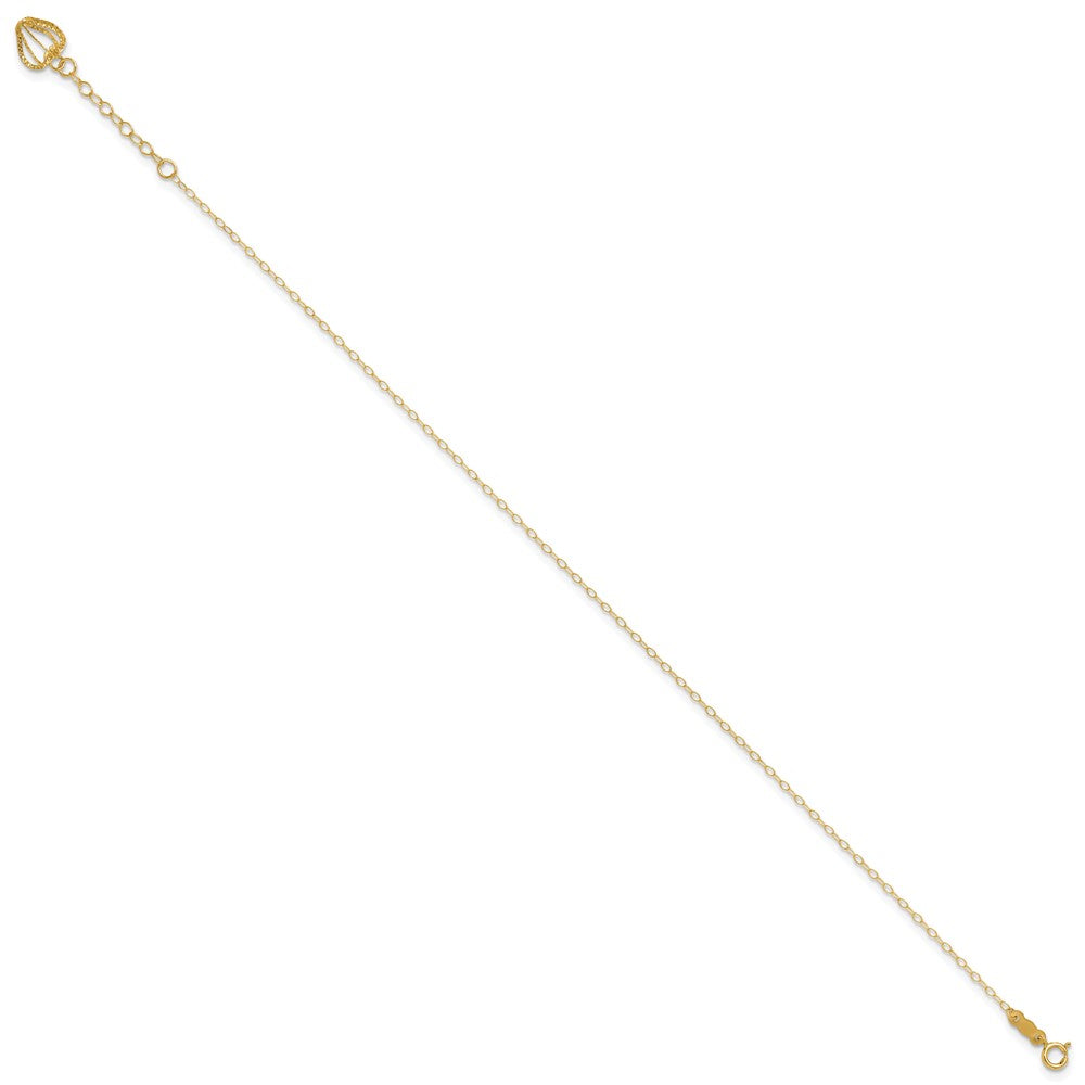 14K Yellow Gold Oval Link Chain with Diamond-Cut Heart Cage 10in Plus 1in Ext Anklet