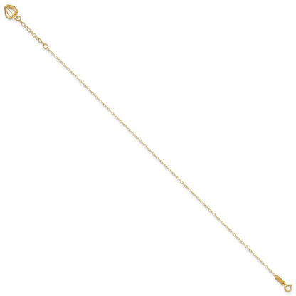 14K Yellow Gold Oval Link Chain with Diamond-Cut Heart Cage 10in Plus 1in Ext Anklet
