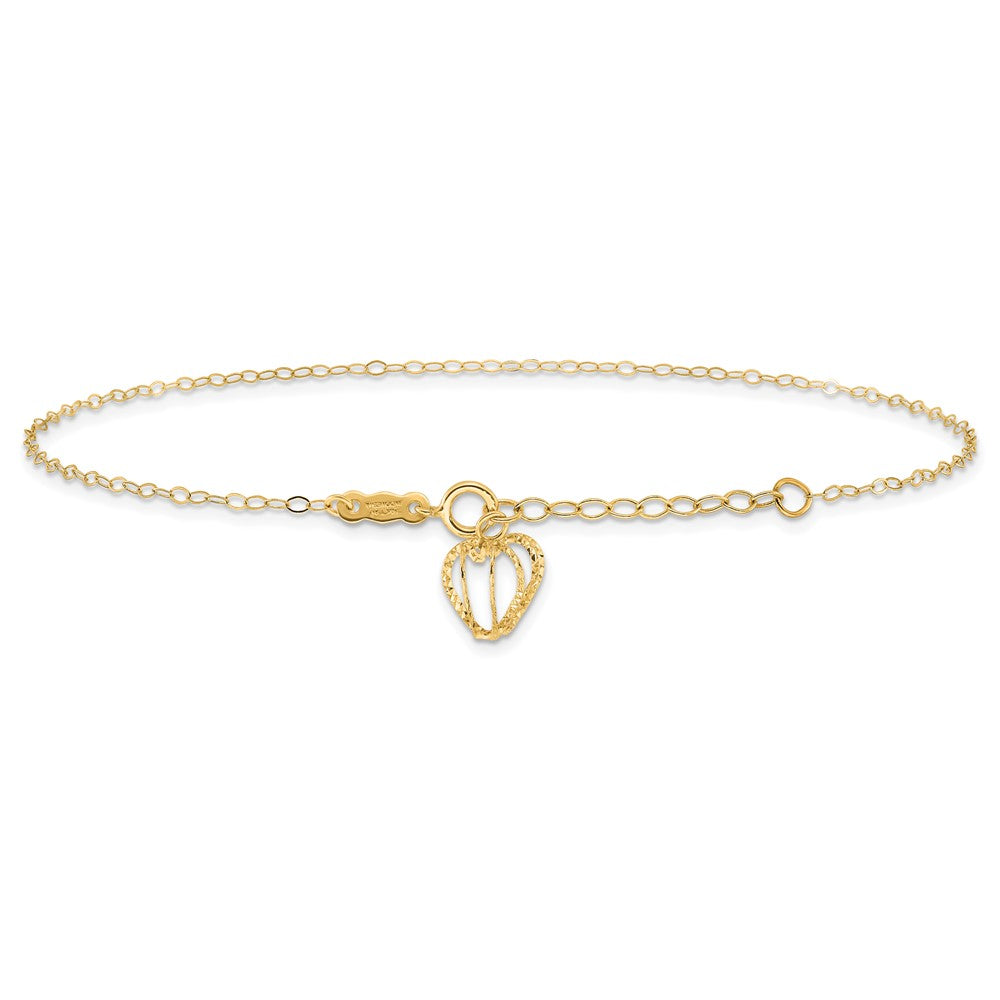14K Yellow Gold Oval Link Chain with Diamond-Cut Heart Cage 10in Plus 1in Ext Anklet