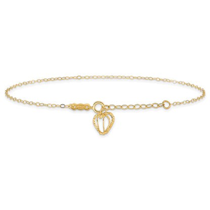 14K Yellow Gold Oval Link Chain with Diamond-Cut Heart Cage 10in Plus 1in Ext Anklet