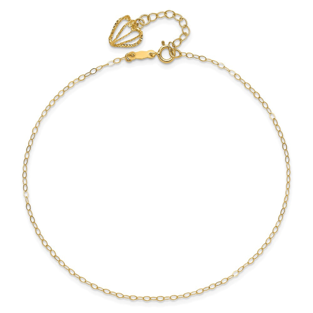 14K Yellow Gold Oval Link Chain with Diamond-Cut Heart Cage 10in Plus 1in Ext Anklet