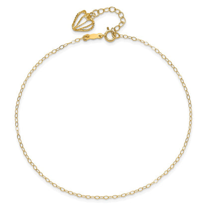14K Yellow Gold Oval Link Chain with Diamond-Cut Heart Cage 10in Plus 1in Ext Anklet