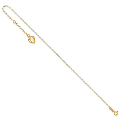 14K Yellow Gold Oval Link Chain with Diamond-Cut Heart Cage 10in Plus 1in Ext Anklet