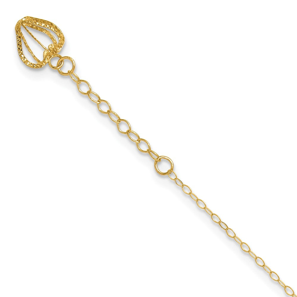 14K Yellow Gold Oval Link Chain with Diamond-Cut Heart Cage 10in Plus 1in Ext Anklet