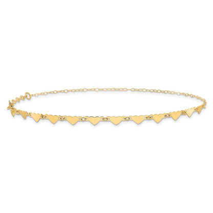 14K Yellow Gold Oval Link Chain with Hearts 10in Plus 1in Ext Anklet