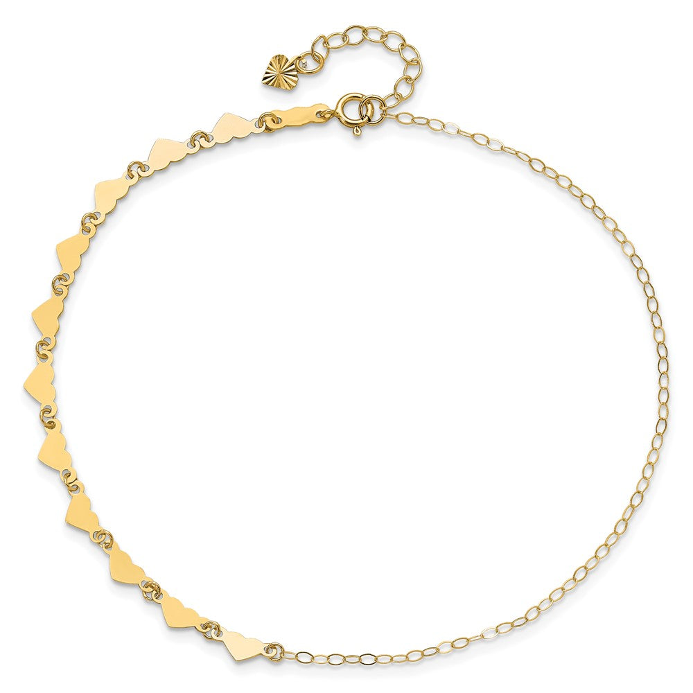 14K Yellow Gold Oval Link Chain with Hearts 10in Plus 1in Ext Anklet