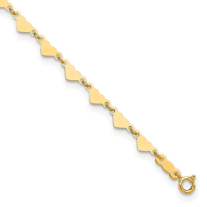 14K Yellow Gold Oval Link Chain with Hearts 10in Plus 1in Ext Anklet