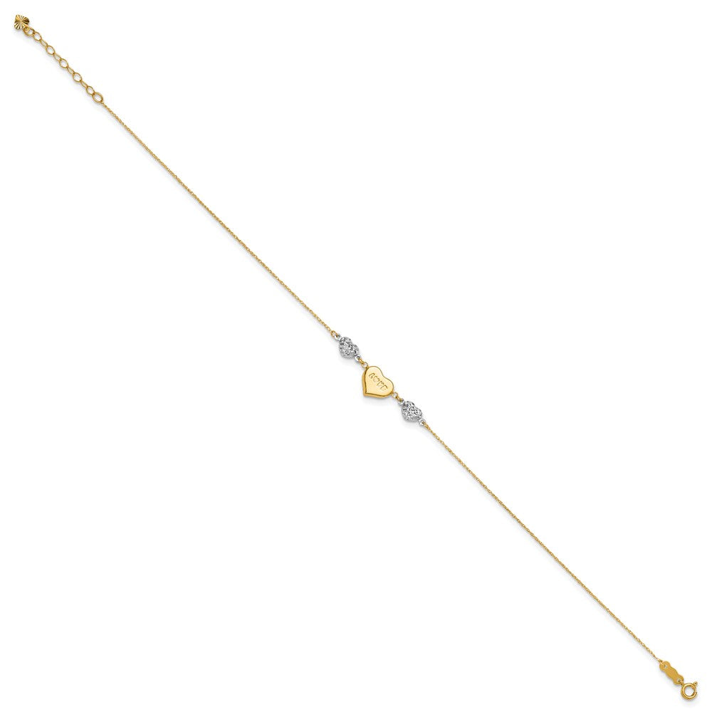 14K Two-Tone Diamond-Cut Puffed Heart Love 10in Plus 1in Ext. Anklet