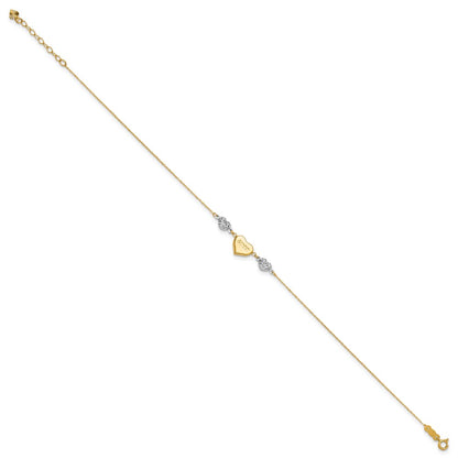14K Two-Tone Diamond-Cut Puffed Heart Love 10in Plus 1in Ext. Anklet