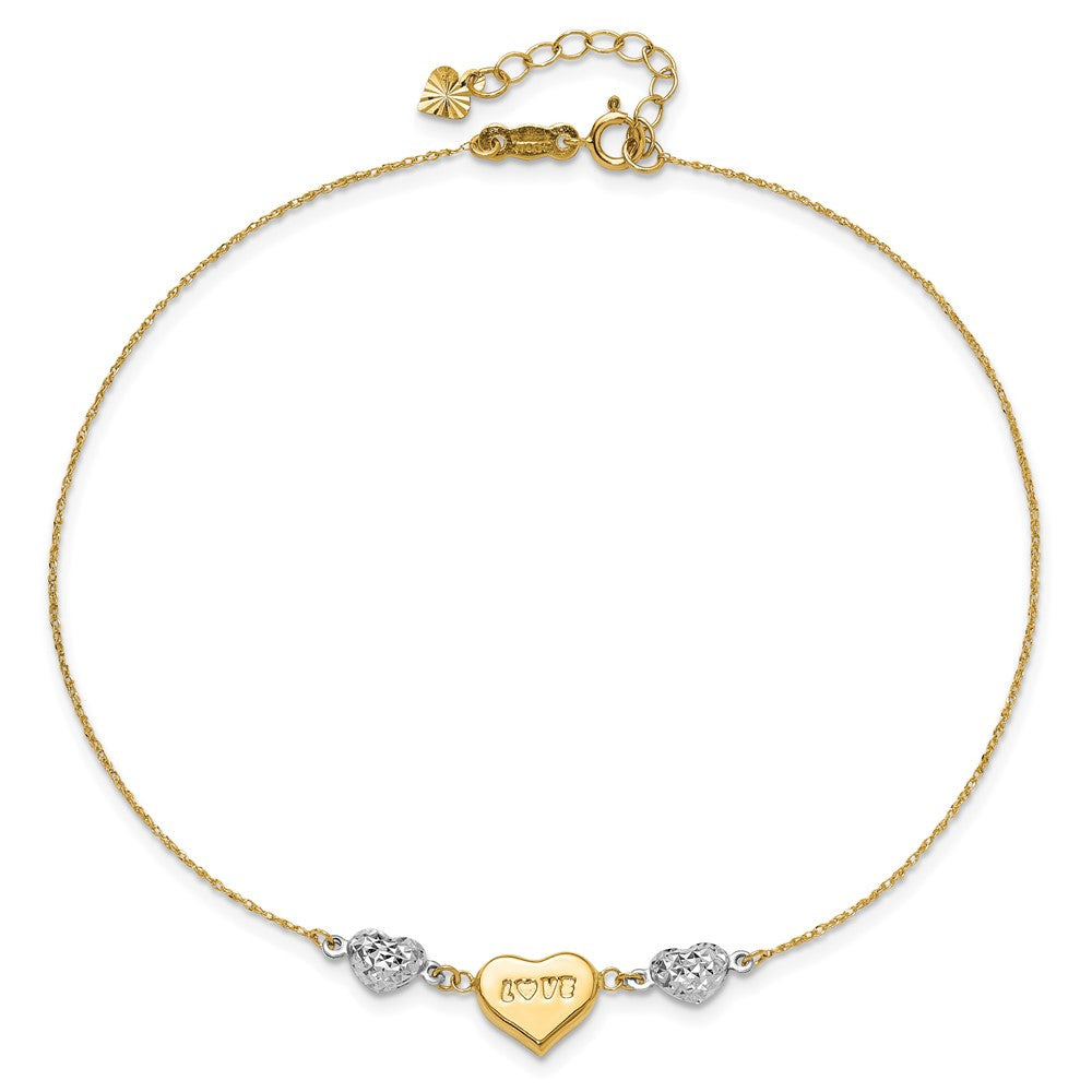 14K Two-Tone Diamond-Cut Puffed Heart Love 10in Plus 1in Ext. Anklet