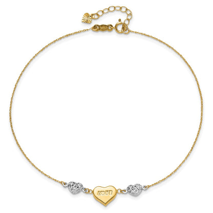 14K Two-Tone Diamond-Cut Puffed Heart Love 10in Plus 1in Ext. Anklet