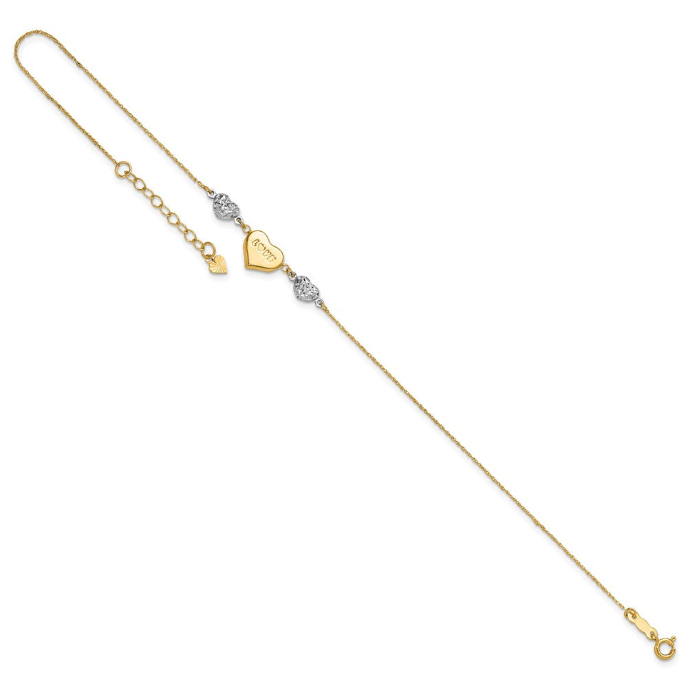 14K Two-Tone Diamond-Cut Puffed Heart Love 10in Plus 1in Ext. Anklet