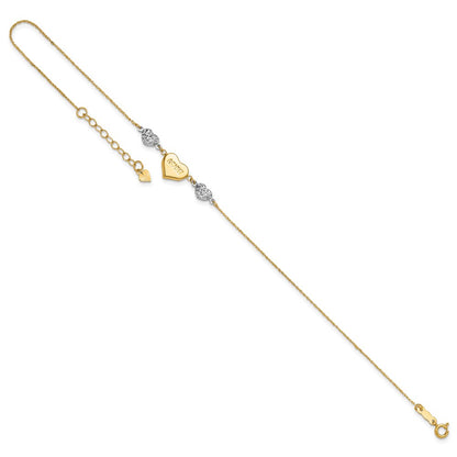 14K Two-Tone Diamond-Cut Puffed Heart Love 10in Plus 1in Ext. Anklet
