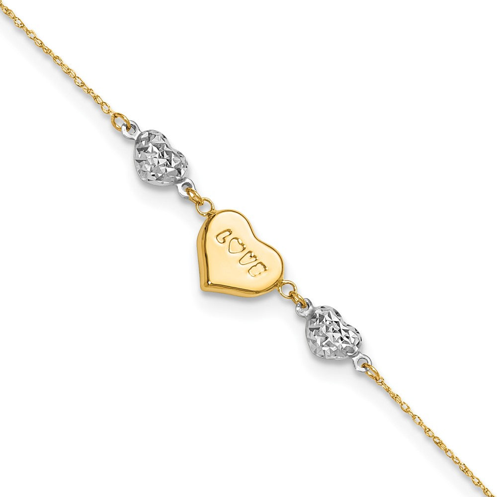 14K Two-Tone Diamond-Cut Puffed Heart Love 10in Plus 1in Ext. Anklet