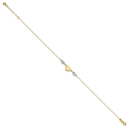 14K Two-Tone Diamond-Cut Puffed Hearts Mom 10in Plus 1in Ext Anklet