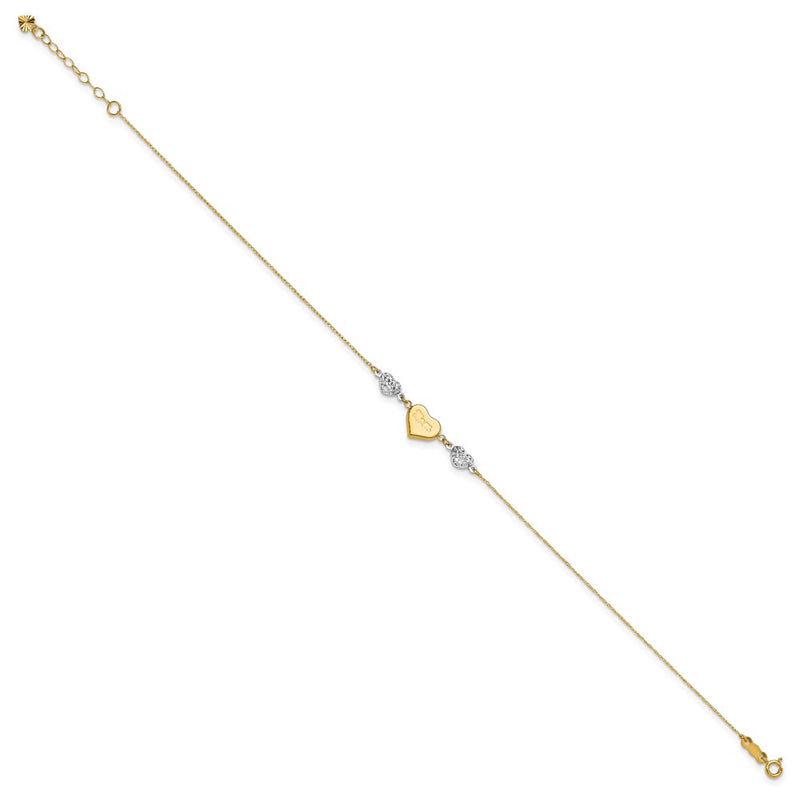 14K Two-Tone Diamond-Cut Puffed Hearts Mom 10in Plus 1in Ext Anklet