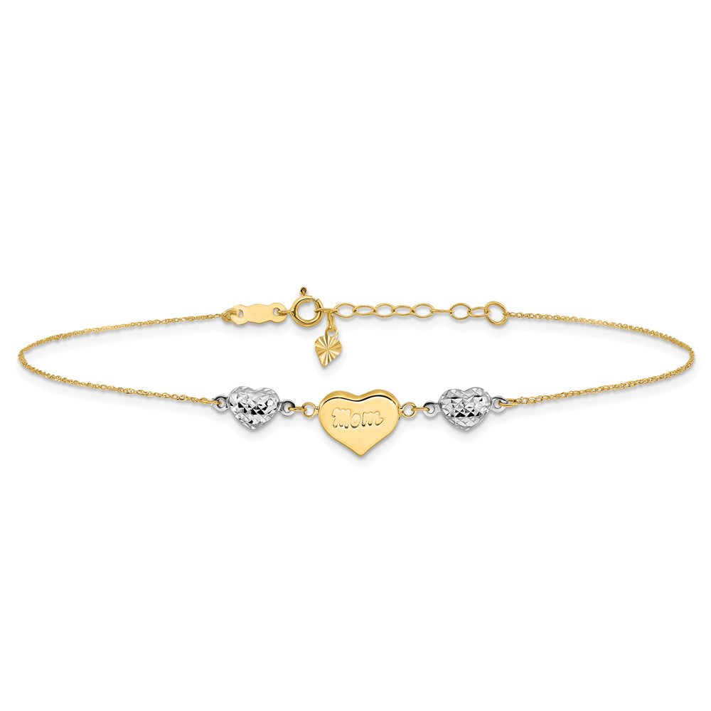 14K Two-Tone Diamond-Cut Puffed Hearts Mom 10in Plus 1in Ext Anklet
