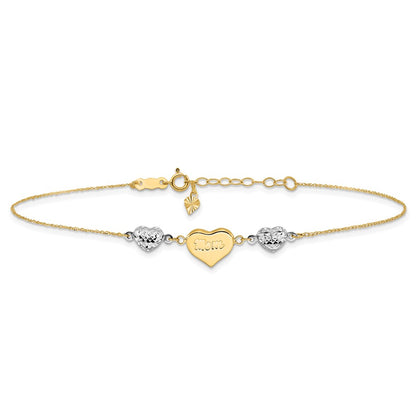 14K Two-Tone Diamond-Cut Puffed Hearts Mom 10in Plus 1in Ext Anklet