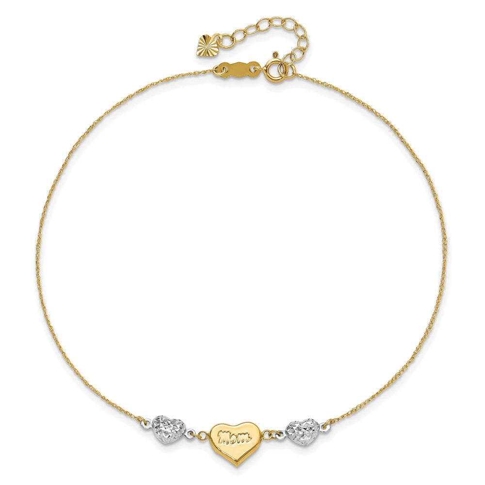 14K Two-Tone Diamond-Cut Puffed Hearts Mom 10in Plus 1in Ext Anklet