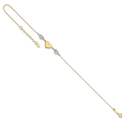 14K Two-Tone Diamond-Cut Puffed Hearts Mom 10in Plus 1in Ext Anklet