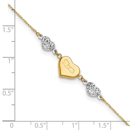 14K Two-Tone Diamond-Cut Puffed Hearts Mom 10in Plus 1in Ext Anklet