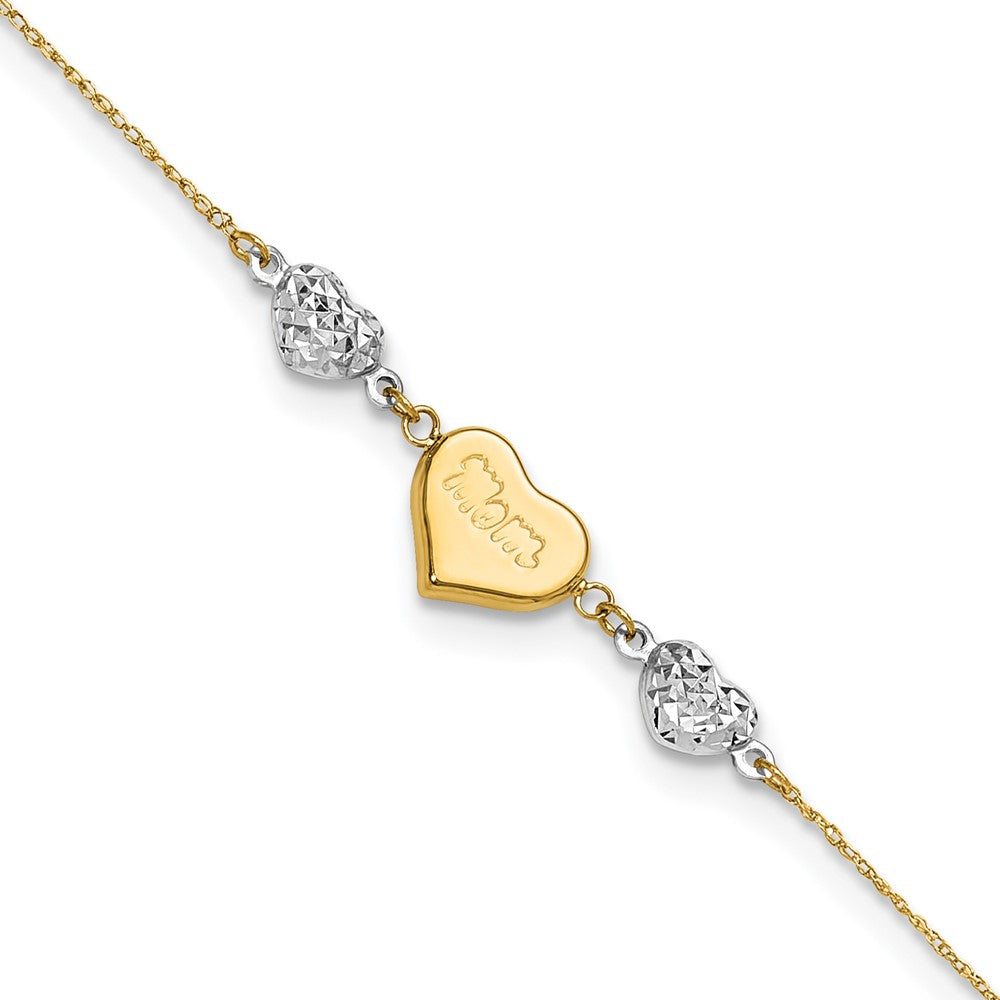 14K Two-Tone Diamond-Cut Puffed Hearts Mom 10in Plus 1in Ext Anklet