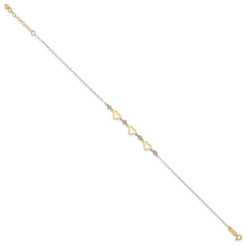14K Two-Tone Oval Link Diamond-Cut Beads and Heart 10in Plus 1in Ext Anklet