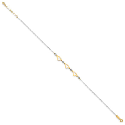 14K Two-Tone Oval Link Diamond-Cut Beads and Heart 10in Plus 1in Ext Anklet