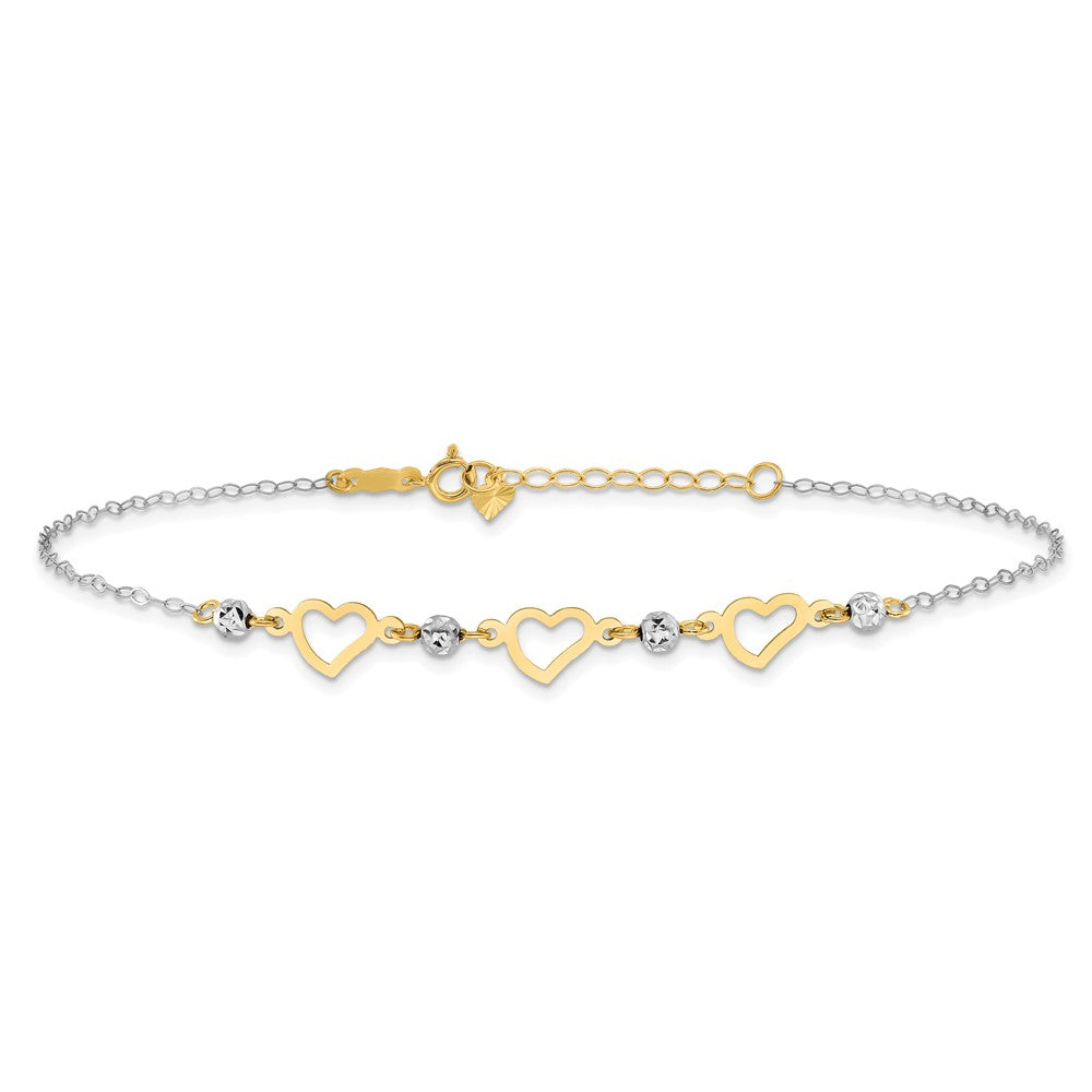 14K Two-Tone Oval Link Diamond-Cut Beads and Heart 10in Plus 1in Ext Anklet