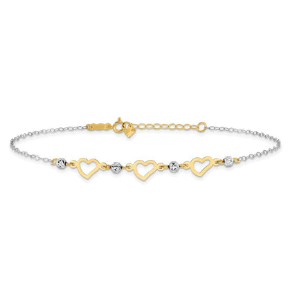 14K Two-Tone Oval Link Diamond-Cut Beads and Heart 10in Plus 1in Ext Anklet
