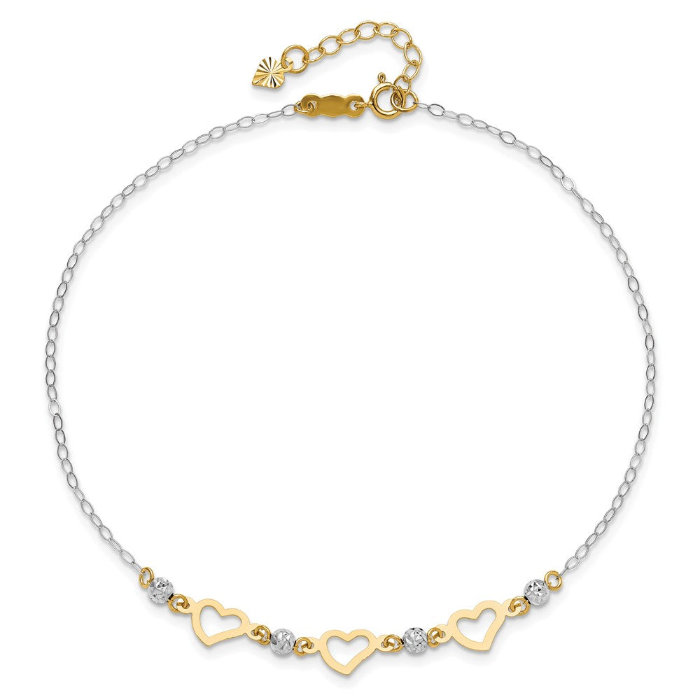 14K Two-Tone Oval Link Diamond-Cut Beads and Heart 10in Plus 1in Ext Anklet