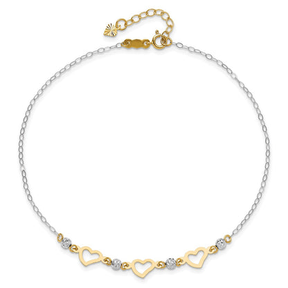 14K Two-Tone Oval Link Diamond-Cut Beads and Heart 10in Plus 1in Ext Anklet