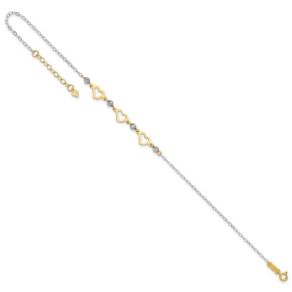 14K Two-Tone Oval Link Diamond-Cut Beads and Heart 10in Plus 1in Ext Anklet