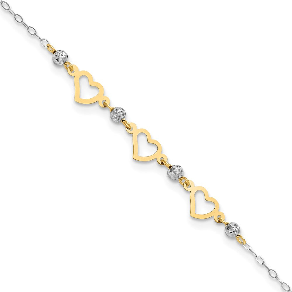 14K Two-Tone Oval Link Diamond-Cut Beads and Heart 10in Plus 1in Ext Anklet