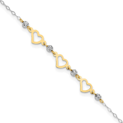 14K Two-Tone Oval Link Diamond-Cut Beads and Heart 10in Plus 1in Ext Anklet