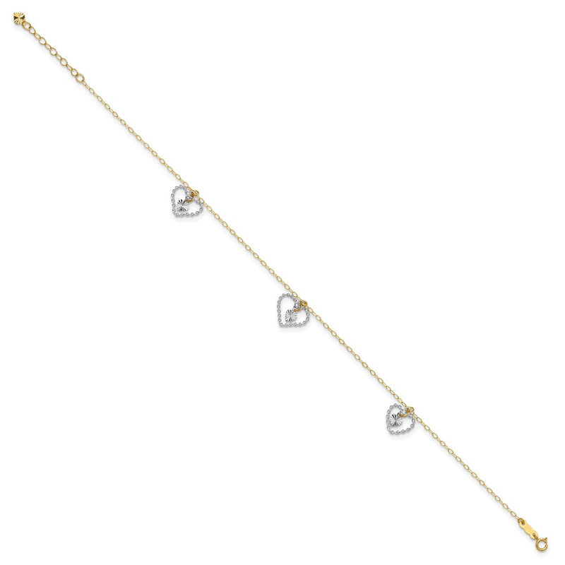 14K Two-Tone Twisted and Diamond Cut Hearts 9in Plus 1in Ext Anklet