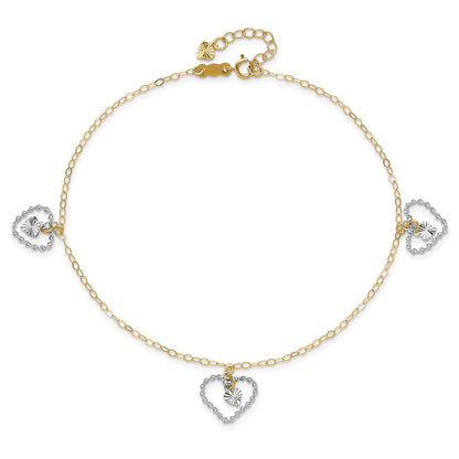 14K Two-Tone Twisted and Diamond Cut Hearts 9in Plus 1in Ext Anklet