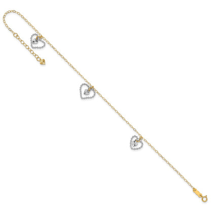 14K Two-Tone Twisted and Diamond Cut Hearts 9in Plus 1in Ext Anklet