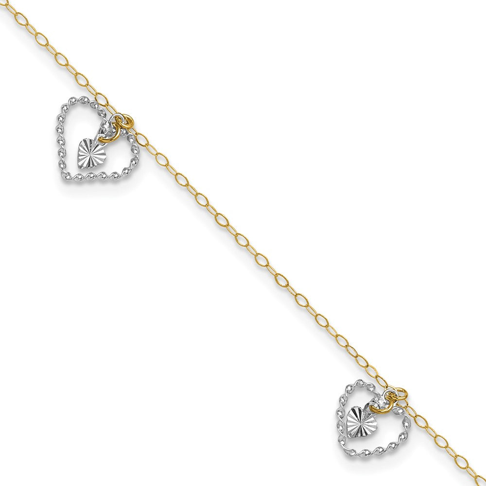 14K Two-Tone Twisted and Diamond Cut Hearts 9in Plus 1in Ext Anklet