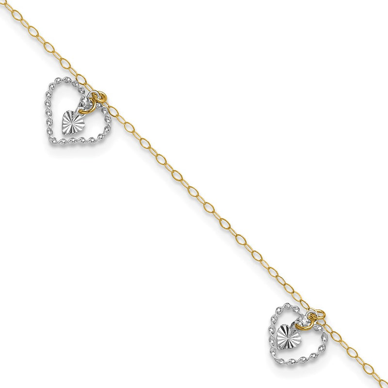 14K Two-Tone Twisted and Diamond Cut Hearts 9in Plus 1in Ext Anklet