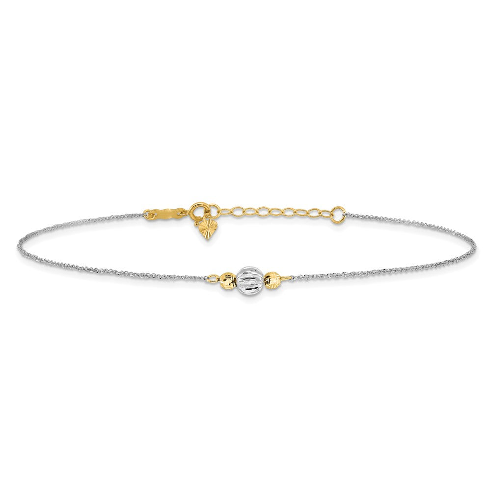 14K White Gold Ropa Two-Tone Diamond Cut Bead 9in Plus 1in Ext. Anklet
