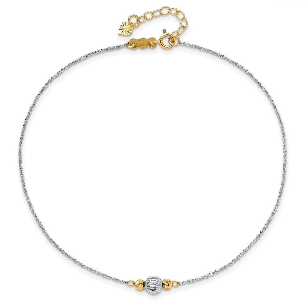 14K White Gold Ropa Two-Tone Diamond Cut Bead 9in Plus 1in Ext. Anklet