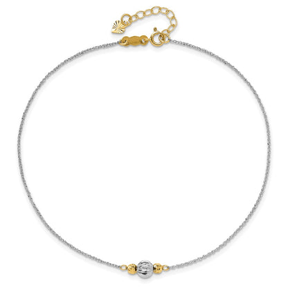 14K White Gold Ropa Two-Tone Diamond Cut Bead 9in Plus 1in Ext. Anklet