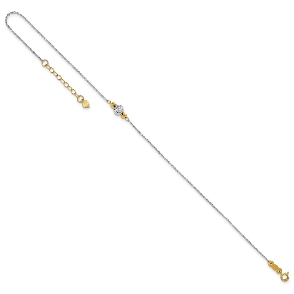 14K White Gold Ropa Two-Tone Diamond Cut Bead 9in Plus 1in Ext. Anklet