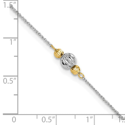 14K White Gold Ropa Two-Tone Diamond Cut Bead 9in Plus 1in Ext. Anklet